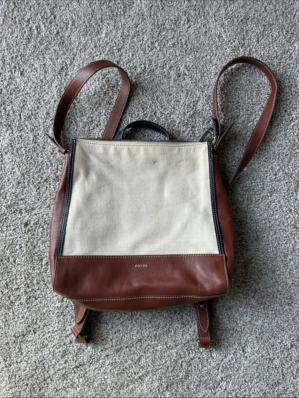Fossil Brown Leather & Cream Canvas Backpack